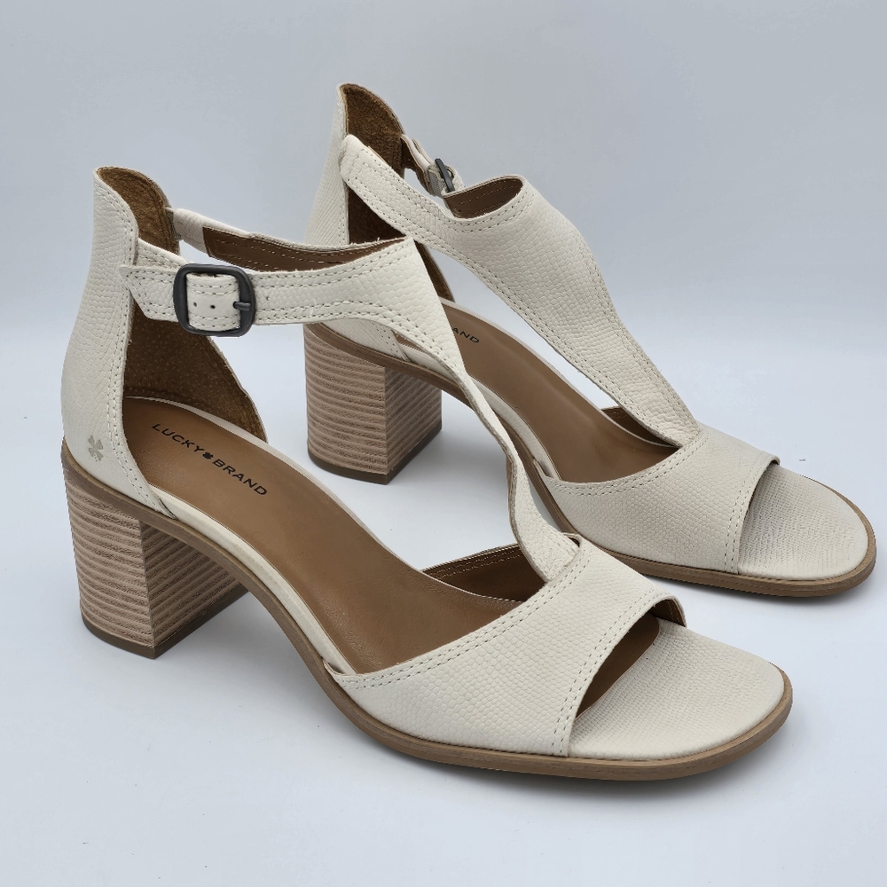 Lucky Brand Cream T-Strap Block Heel Sandals